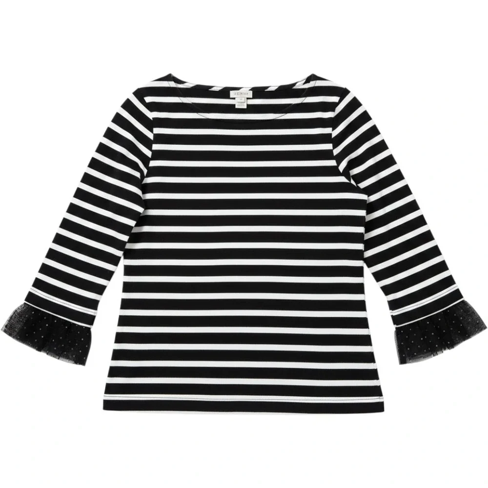 J Crew Womens XS Black White Breton Striped Boatneck Top Tulle Ruffle Cuff